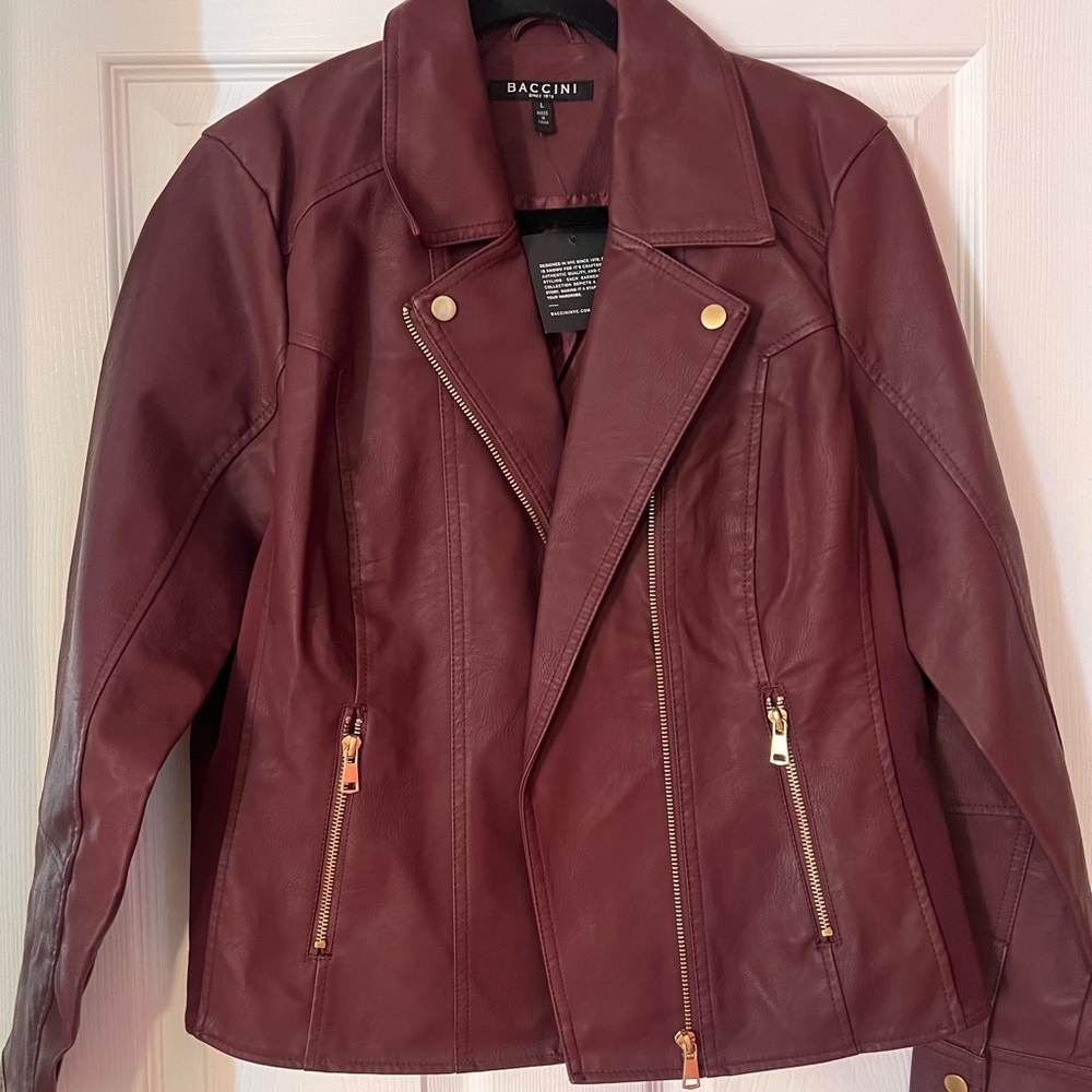 Baccini Women's Wine Faux Leather Moto Jacket with Gold Hardware